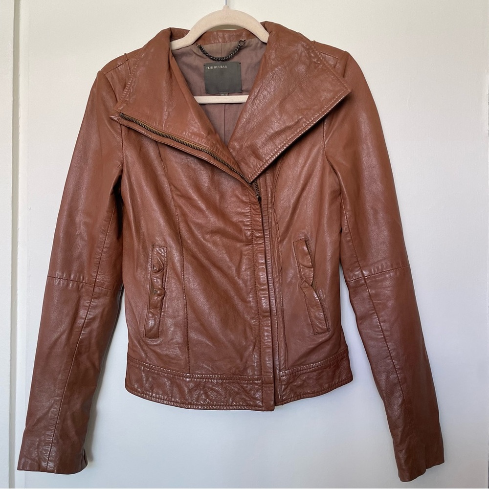 Muubaa cognac lamb leather biker jacket – size US 2 UK 6